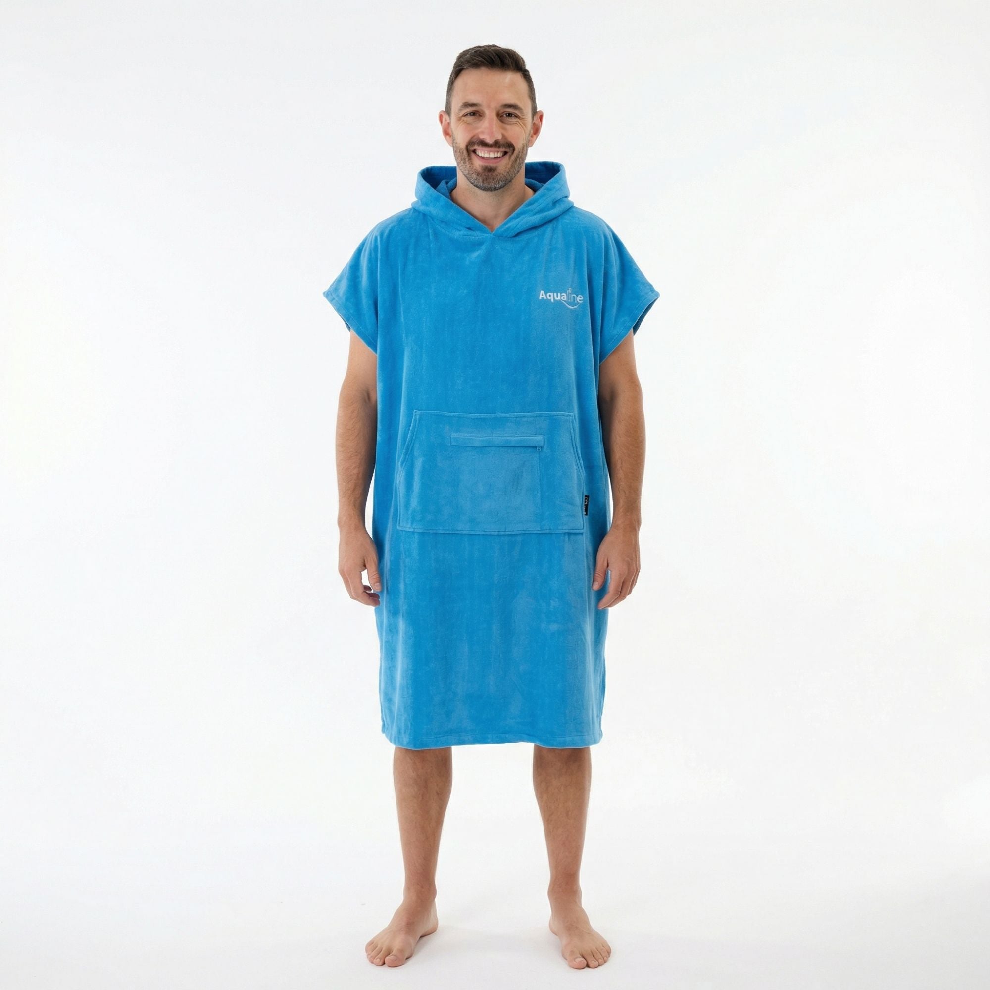 Man wearing a blue hooded towel on a white background