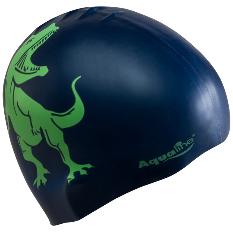 Aqualine Silicone Swimming Cap Navy Blue with Neon Green Dinoaur