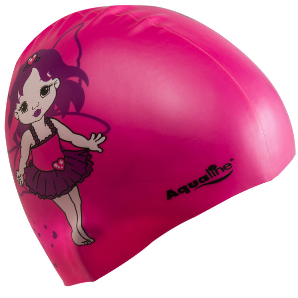 Aqualine Fairy Princess Silicone Swimming Cap Pink with image of fairy on it.