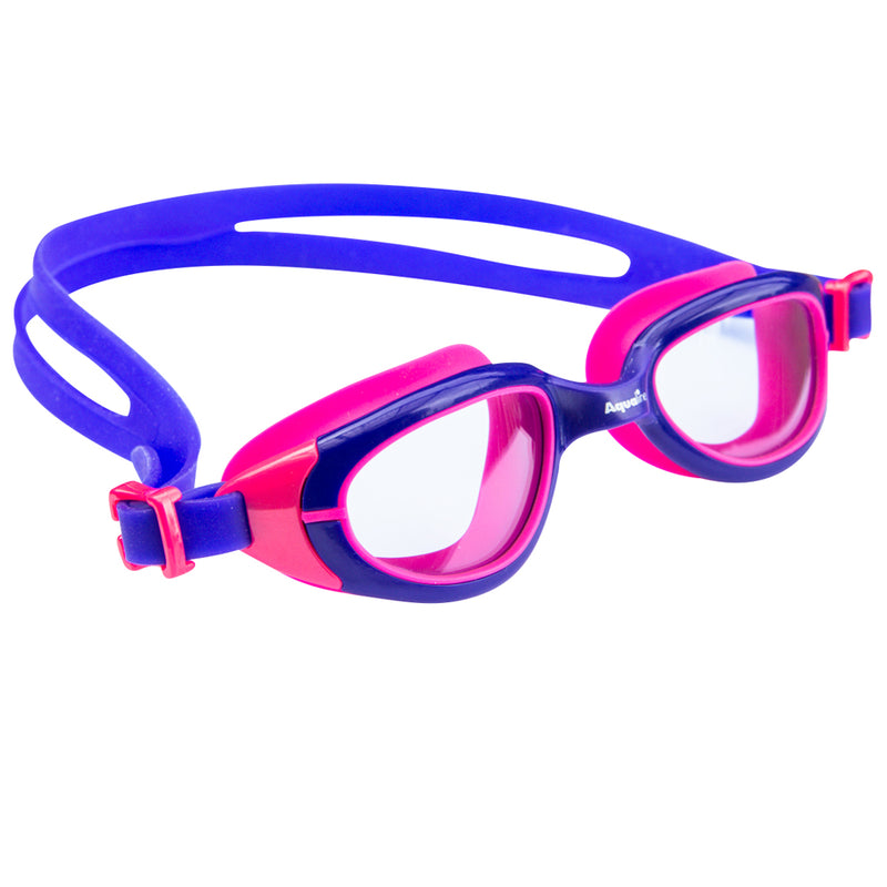 Aqualine Funkies Childrens Swimming Goggles Purple Frame, with Purple Strap, and Pink Silicone Eye mould. Clear Lens.