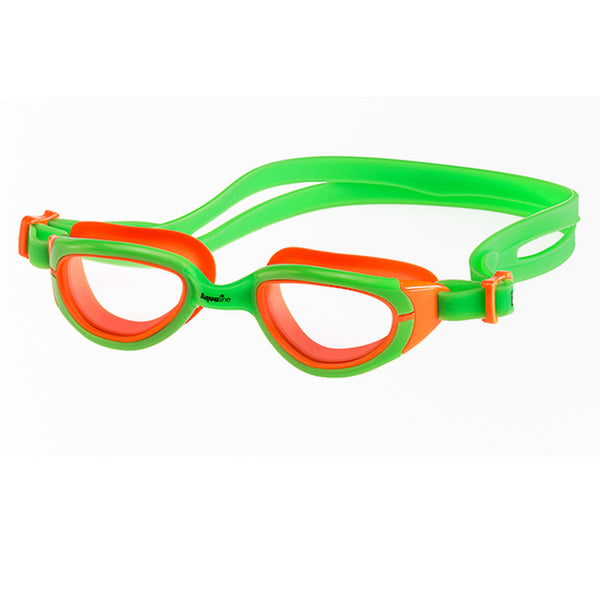 Aqualine Funkies Childrens Swimming Goggles Green Frame, with Violet Strap, and Orange Silicone Eye mould. Clear Lens.