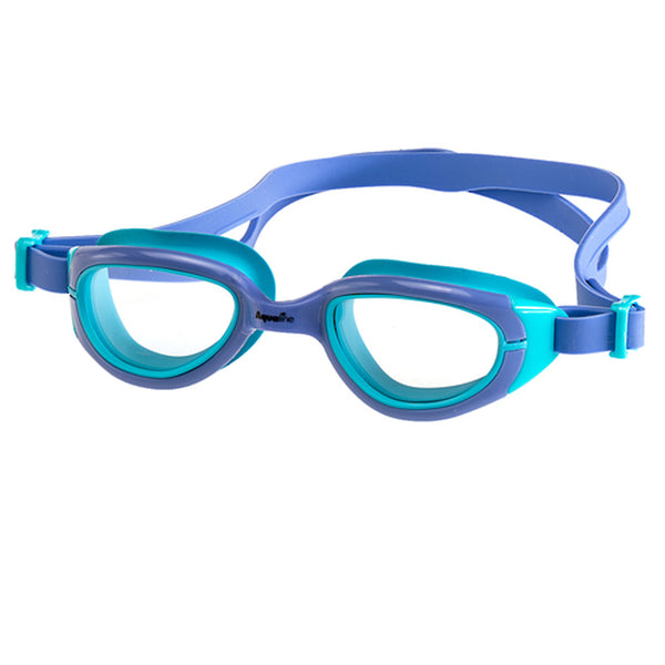 Aqualine Funkies Childrens Swimming Goggles Violet Frame, with Violet Strap, and Sky Blue Silicone Eye mould. Clear Lens.
