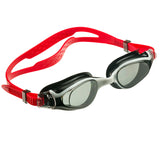 Aqualine Medley Youth Adult Swimming Goggles with Red Strap, Black and White frame, and tinted lens.