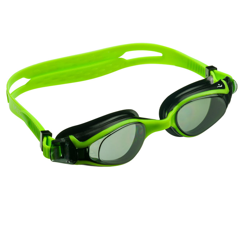 Aqualine Medley Youth Adult Swimming Goggles with Green Strap, Black and Green frame, and tinted lens.