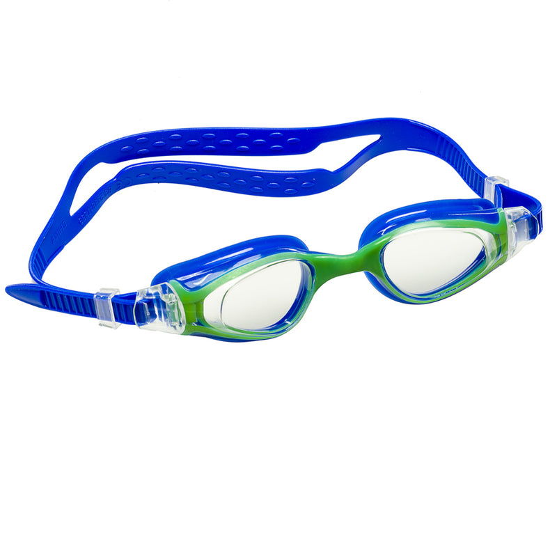 Aqualine Medley Junior Childrens Swimming Goggle with Blue Strap and Green Frame. Clear Lens.