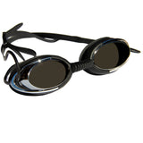 Aqualine Metallix Adults Swimming Goggle. Black Silicone strap and eye piece. Black flexible Silicone nose piece. Mirrored Black Lens.