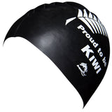 Aqualine Proud to be Kiwi Silicone Swimming Cap Black with white fern print side view
