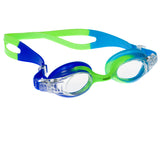 Aqualine Rainbow Childrens Goggle with Neon Green, Sky Blue, and Blue Strap and frame. Clear Lens.