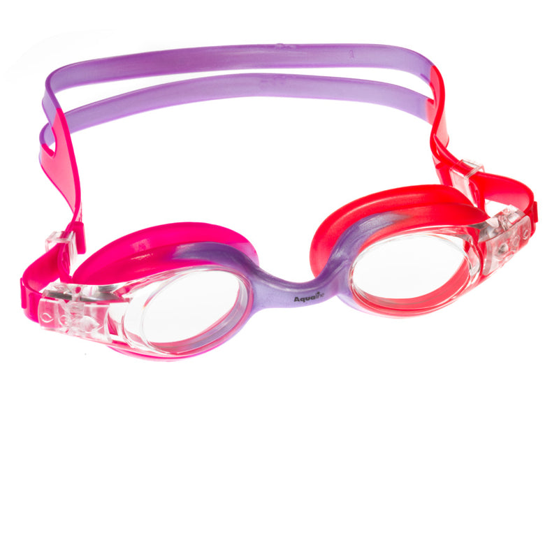 Aqualine Rainbow Childrens Goggle with Pink, Violet, and Coral Strap and frame. Clear Lens.