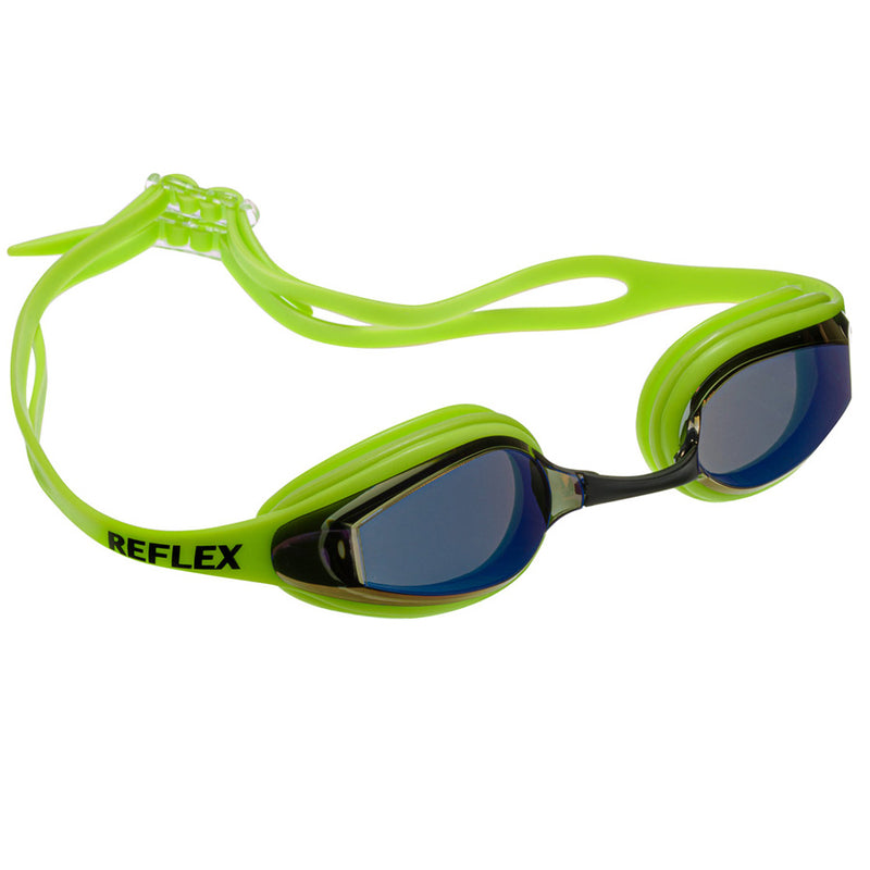 Aqualine Reflex Performance Swimming Goggle with Neon Green Strap and Frame, with mirrored lens.