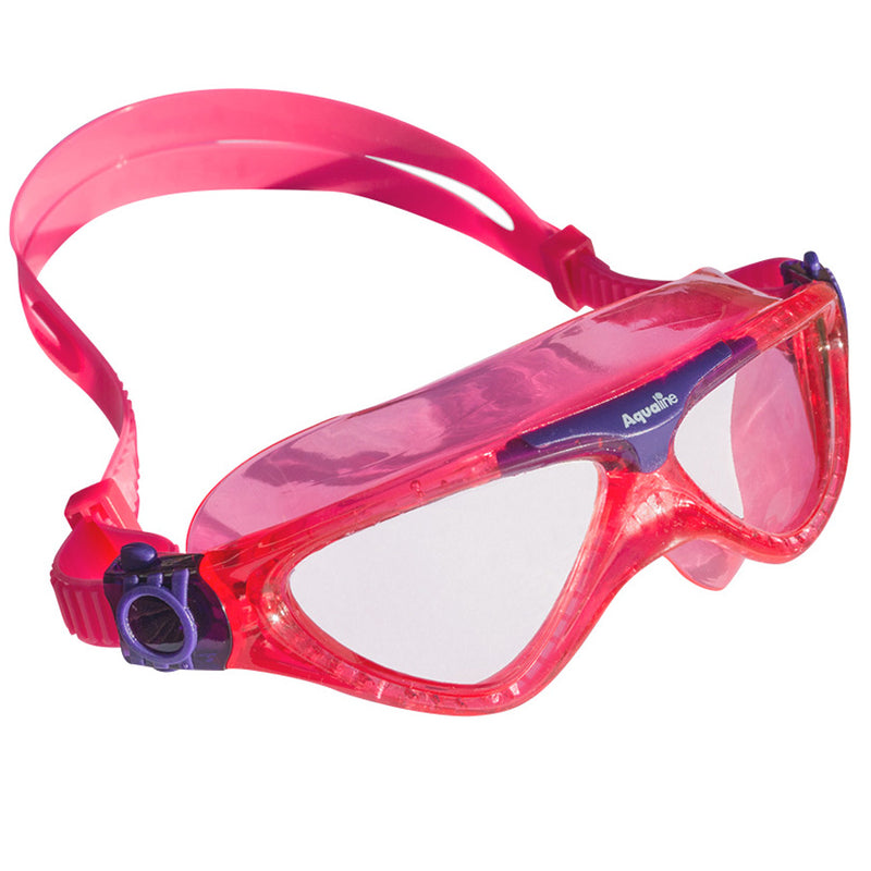 Aqualine Tri-Kidz Childrens Swimming Mask with Pink Strap and frame, with highlights of purple