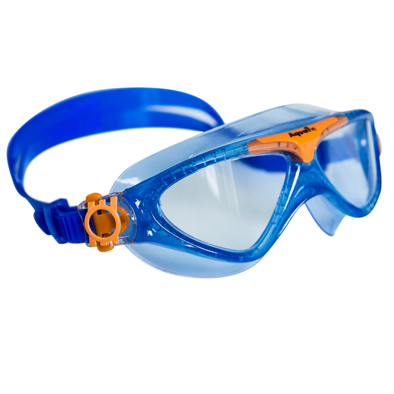 Aqualine Tri-Kidz Childrens Swimming Mask with Blue Strap and frame, with highlights of Orange
